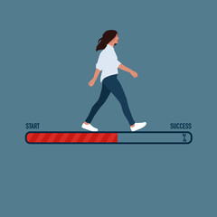 Strong woman and progress loading bar. Business success vector concept. Flat vector illustration.