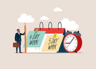 4 or 5 Day Work Week. Reduce working day to increase efficiency and productivity. 4 day is a reduced hour working model. Flat vector illustration.