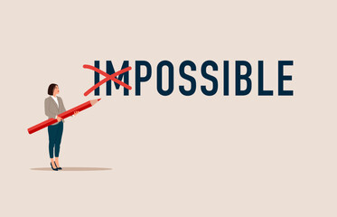 Businesswoman using pencil to cross out im from impossible. Сhallenge or hope to overcome difficulty and achieve success concept. Flat vector illustration.