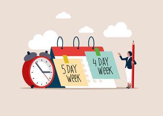 4 or 5 Day Work Week. Prioritise working smarter to produce better. 4 day is a reduced hour working model. Flexible work day for employee benefit. Flat vector illustration.