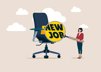 Businesswoman with magnifying glass searching for vacancies. Job Search, employment, career, candidates, companies, applying for a job. Flat vector illustration.