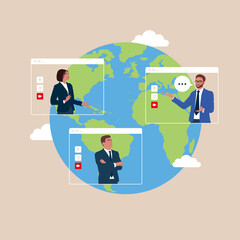 Work remotely, Long distance communication. Earth globe with location mark and people faces. 
