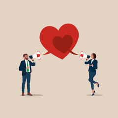 Boyfriend and girlfriend speak through megaphone with love heart shape. lover couple telling I love you. Flat vector illustration.