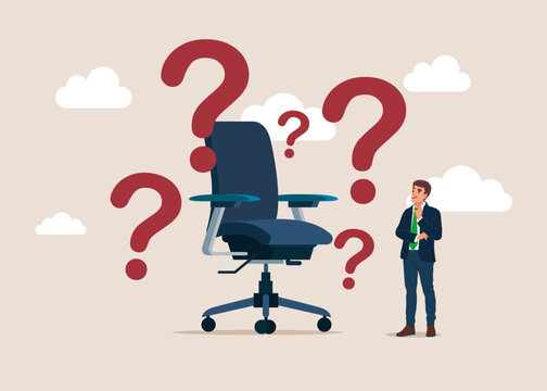 Businessman doubts and questioning everything. Office chair and questions. Job application questions.Post resumes.  Flat vector illustration.