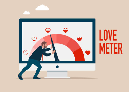 Strong male pull the arrow on the monitor screen. Love meter heart indicator. Love day full test valentine card progress. Modern flat vector illustration.