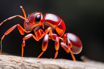 red ant walks on the ground on a dark background, generative AI
