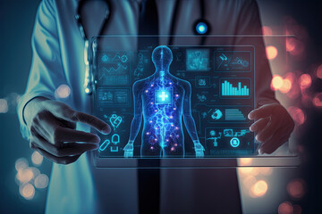 Generative AI illustration of a doctor's hands holding a digital screen with the projection of a human body hologram with different parameters and data