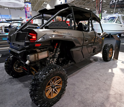 TORONTO-JANUARY 20, 2023: Kawasaki Teryx KRX4 1000 sport UTV displayed at the Toronto International Boat Show, the largest indoor show held in North America.