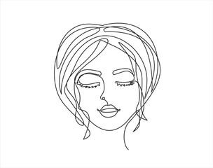 Woman face  with closed eyes continuous line drawing. Abstract minimal woman portrait. Line art, drawing of face , fashion concept, woman beauty minimalist, vector illustration.