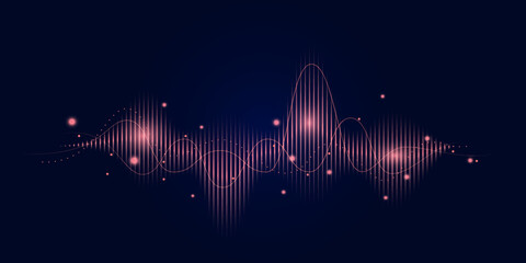 Abstract wave on dark blue background. Music wave, electronic music, music written by AI, big data, concept. Vector