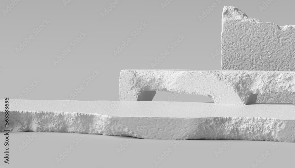 Poster white pieces of stone wall with broken textured edges, debris stone slabs for product display backgr