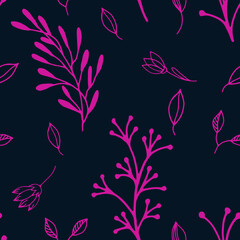 Fototapeta na wymiar pink floral branches, leaves and flowers on dark blue ground seamless pattern background