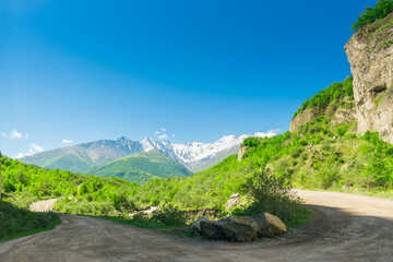 A beautiful view of the Kazbeki volcano from the Karmadon gorge of the North Caucasus. Russia
