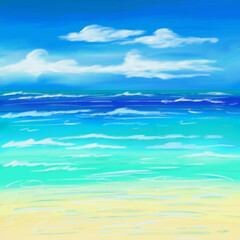 Obraz na płótnie Canvas Callm beach with gentle waves, clear blue sea, clean white beach, low sea, calm clouds, vacation paradise