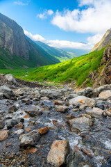Beautiful view of the rocky mountain river in the North Caucasus gorge. Russia
