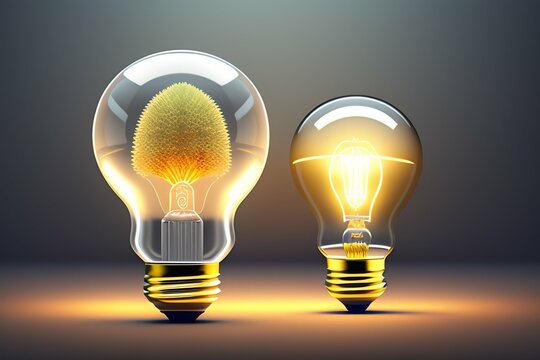 nature vs tecnology in 4 light bulb, idea, green background, natural energy