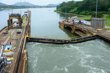 Miraflores locks full of water at the Panama canal