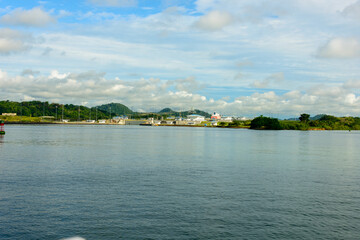 Approaching the Miraflores lock on the Panama canal