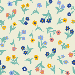 Fototapeta na wymiar Cute calico flowers with leaves seamless repeat pattern. Random placed, vector botanical elements all over surface print on white background.