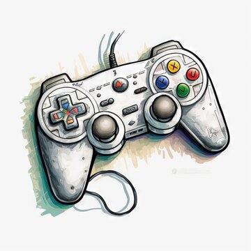  a drawing of a video game controller with buttons on it's side and a cord attached to the controller, with a white background with a splash of watercolor paint and a splash.