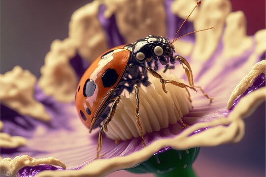  A Lady Bug Sitting On Top Of A Purple Flower With White Dots On It's Wings And Legs, On A Purple Flower With White Dots On Its Petals, With A Purple Background.