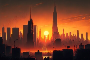  a city skyline with a sunset in the background and a person standing on a ledge looking at the city skyline with a bird flying in the foreground of the picture is a red and. Generative AI