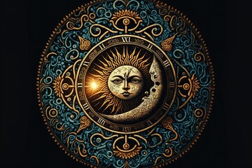  a painting of a sun and moon with a face in the middle of it, surrounded by ornate designs and a decorative border around the moon and the sun, on a black background,. Generative AI