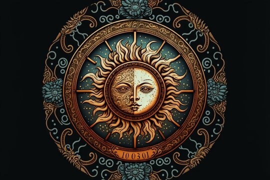  a sun with a face inside of it on a black background with a gold border around it and a blue border around it with a gold border around the sun and a smaller sun with a. Generative AI