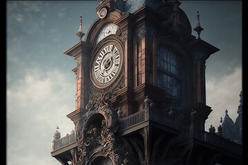  a large clock tower with a sky background and clouds in the background, with a sky background and clouds in the sky, and a building with a clock on top of the clock,. Generative AI