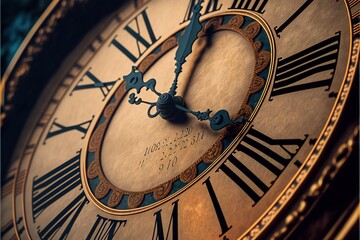  a close up of a clock with roman numerals and a blue background with a gold border around the clock face and hands and hands and a black and white background with a blue border. Generative AI