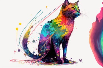 a cat with a colorful background and a white background with a rainbow splash of paint on it's body and tail, sitting in front of a white background with a multi - colored splat. Generative AI