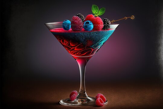  a colorful cocktail with berries and mints in a glass on a table with a dark background and a spoon in the glass with a green leaf on the rim and a red and blue. Generative AI