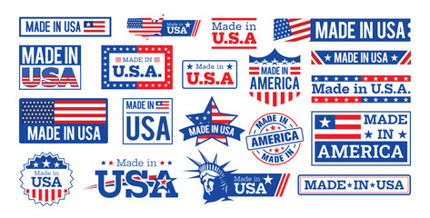 Red and blue colored Large set of Made in USA labels, emblem, sticker, and signs, with the statue of liberty. Vector illustration.
