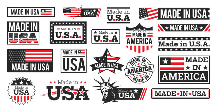 Red and black colored, Large set of Made in USA labels, emblem, sticker, signs, with the statue of liberty. Vector illustration.
