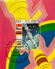 Historic Cuban postage stamp from 1979 depicting the Salyut-6 space station.