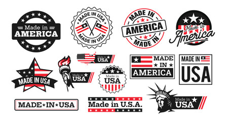 Collection of red and black made in the USA label, stickers, stamps, symbols, and tags with the flag of America and the statue of liberty.
