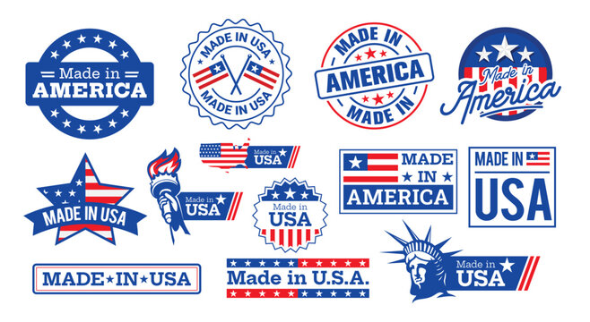 Collection of red and blue made in the USA label, stickers, stamps, symbols, and tags with the flag of America and the statue of liberty.
