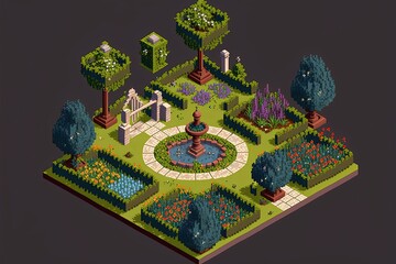 Pixel art isometric garden, retro style backdrop for 8 bit game, Generative AI
