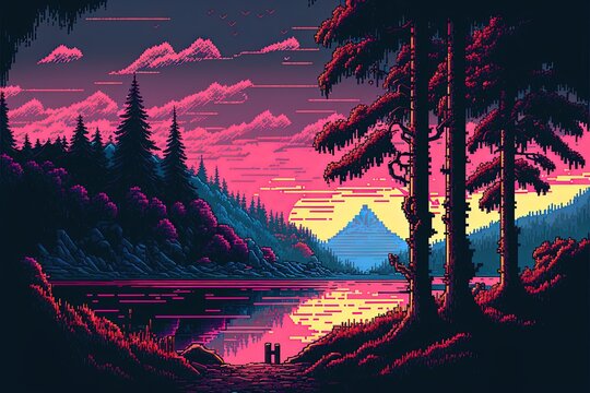 Pixel art natural landscape with 80s colors with trees, lake and mountains, background in retro style for 8 bit game, Generative AI
