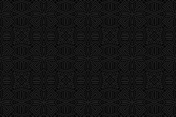 Embossed black background, ethnic cover design. Geometric actual 3D pattern, press paper. Boho style, art deco. Tribal ornaments of the peoples of the East, Asia, India, Mexico, Aztecs, Peru. 