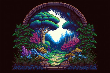 Pixel art fantasy garden in magic forest, mystical garden, background in retro style for 8 bit game, Generative AI