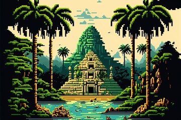 Pixel art Mayan temple, ancient Mayan pyramid in the forest, background in retro style for 8 bit game, Generative AI
