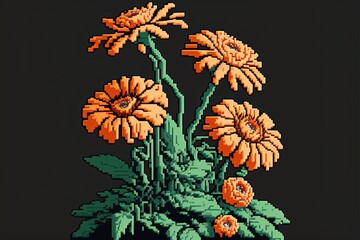 Pixel art orange flowers, flower in retro style for 8 bit game, Generative AI

