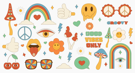 Big set of items 70s. Retro icons in trendy 70s style. Vector icons: lips,video cassette,heart,daisy,flower, 3d glasses,lollipos,rainbow,smile face,mashrooms.Vector illustration