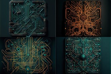  a series of four different circuit boards with different colors and shapes on them, all of which are printed on a dark background, with a green and yellow light blue background.  Generative AI