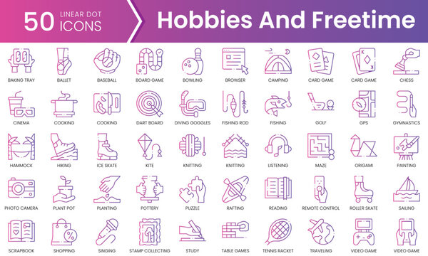 Set of hobbies and freetime icons. Gradient style icon bundle. Vector Illustration