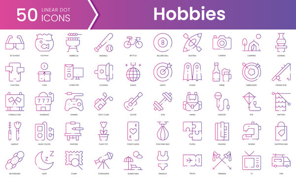 Set of hobbies freetime icons. Gradient style icon bundle. Vector Illustration