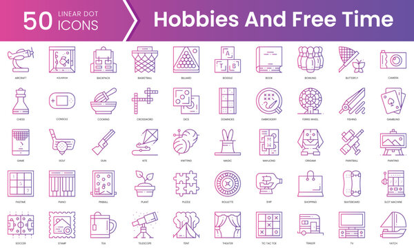Set of hobbies and free time icons. Gradient style icon bundle. Vector Illustration