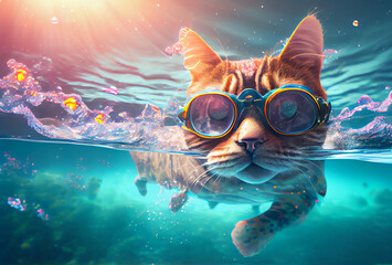 The cat in glasses dives into the water at the sea. Generative AI,
