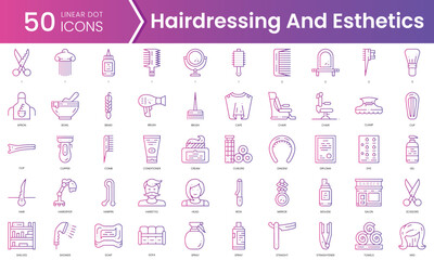 Set of hairdressing and esthetics icons. Gradient style icon bundle. Vector Illustration